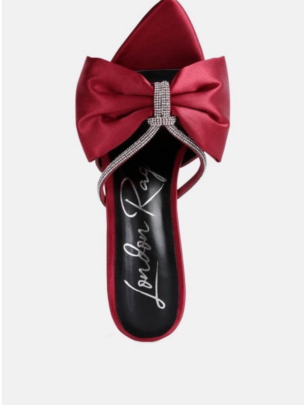 NWOT London Fog Red Satin Bow T-Strap Mule with Rhinestones